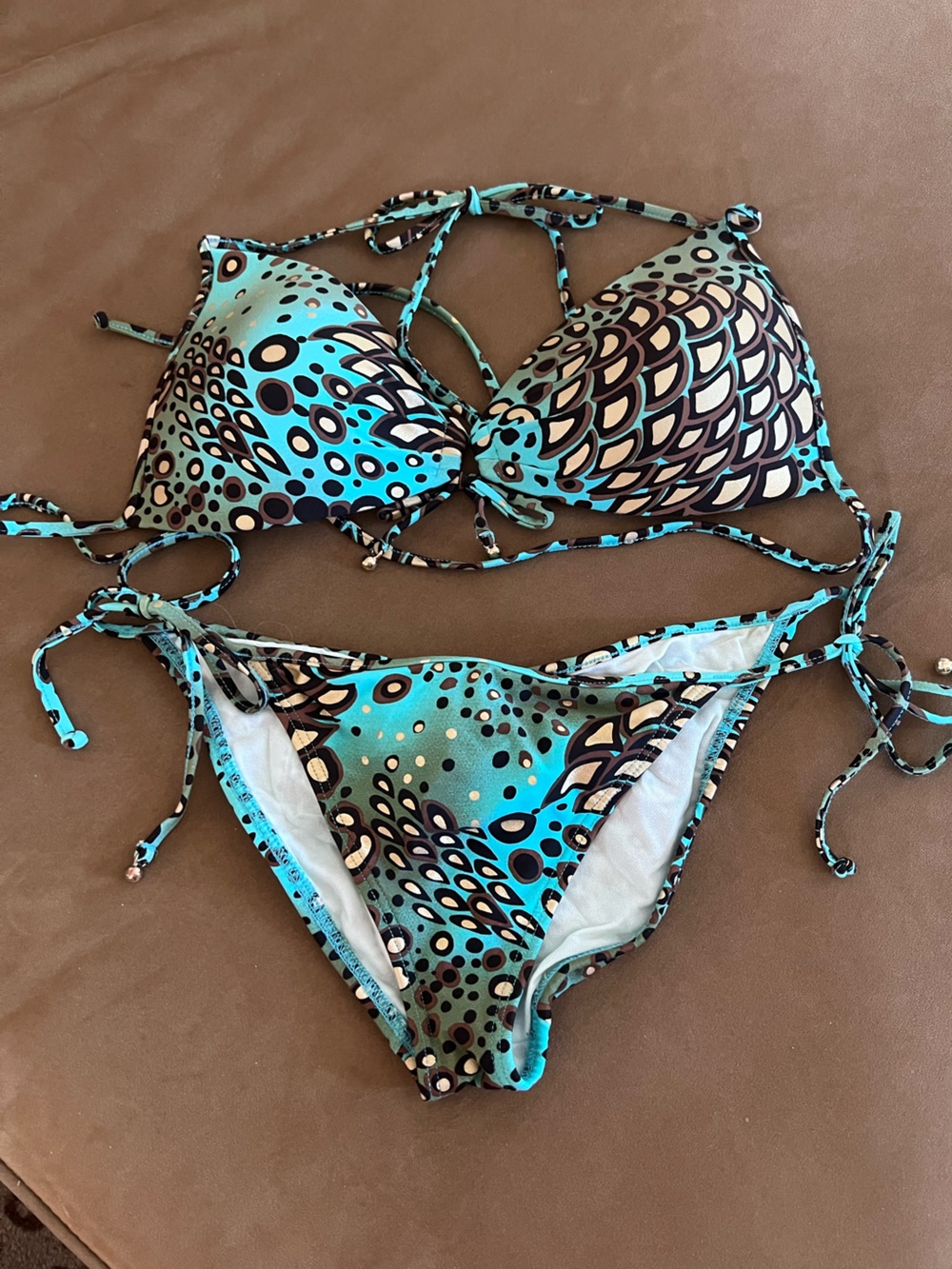 Luli Fama Turquoise and Black Patterned Triangle Bikini